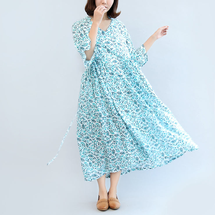 2024 blue print linen dresses plus size casual maxi dress