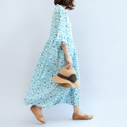 2021 blue print linen dresses plus size casual maxi dress