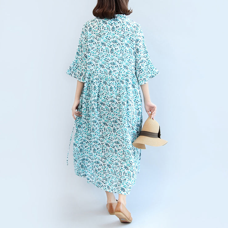 2021 blue print linen dresses plus size casual maxi dress