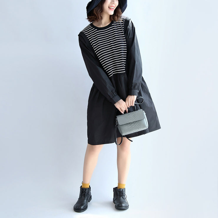 2021 dark striped knit patchwork cotton dresses plus size o neck casual dress