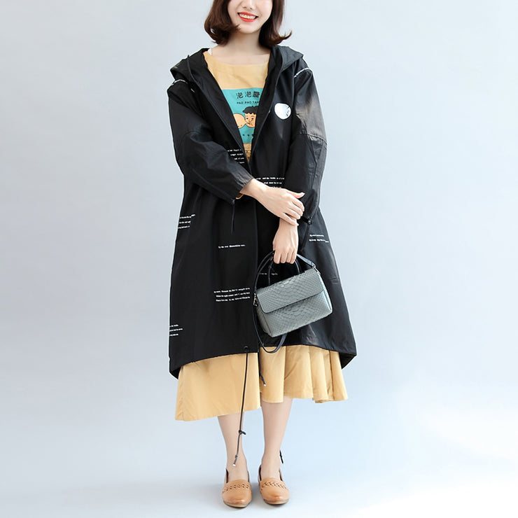 2021 fall black alphabet print cotton blouse oversize long sleeve hooded coat
