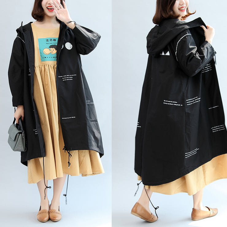 2021 fall black alphabet print cotton blouse oversize long sleeve hooded coat