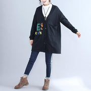 2024 fall black alphabet print cotton coat plus size v neck hooded cardigans outwear