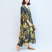 2021 fall black yellow print linen dresses plus size v neck sundress side open