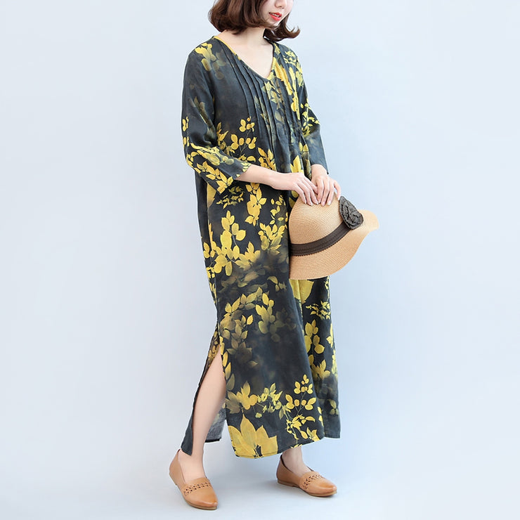 2021 fall black yellow print linen dresses plus size v neck sundress side open