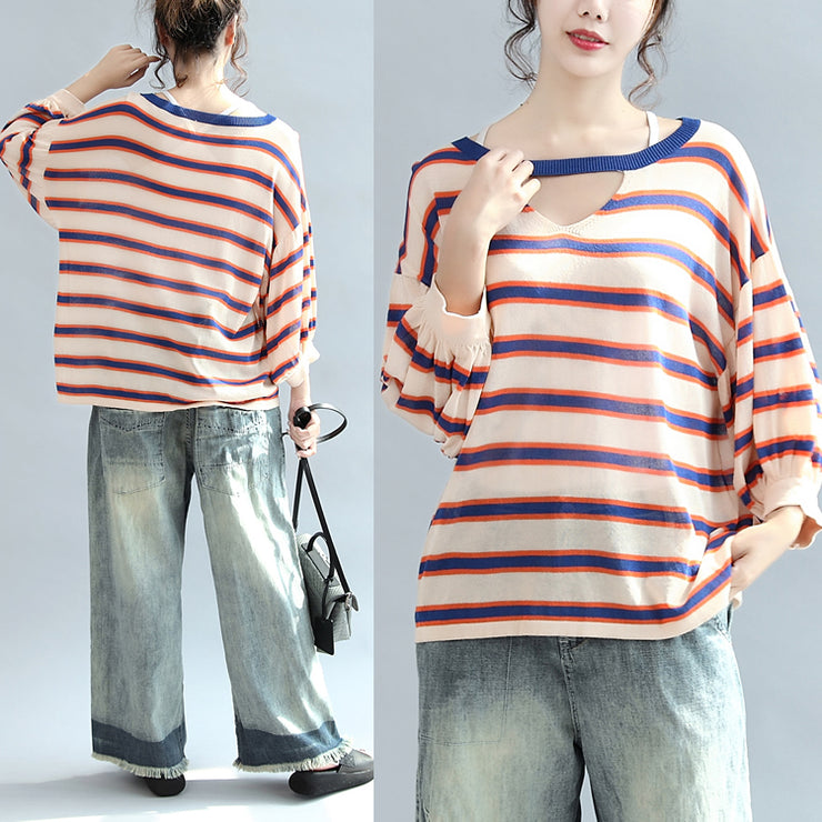2021 fall blue striped casual cotton blouse oversize v neck tops