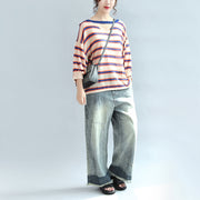 2024 fall blue striped casual cotton blouse oversize v neck tops