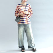 2024 fall blue striped casual cotton blouse oversize v neck tops