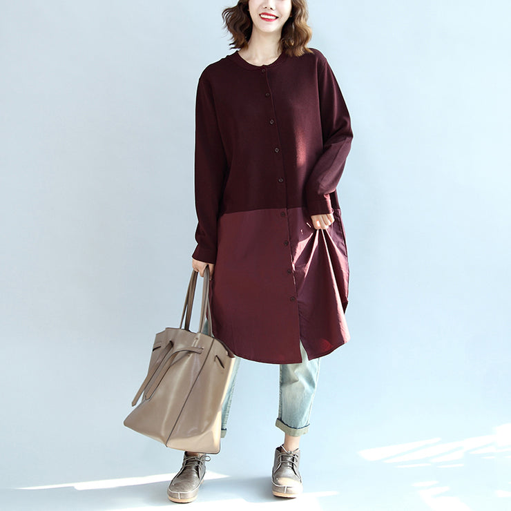 2021 fall burgundy patchwork hem cotton sweater dresses plus size casual knit shirts dress