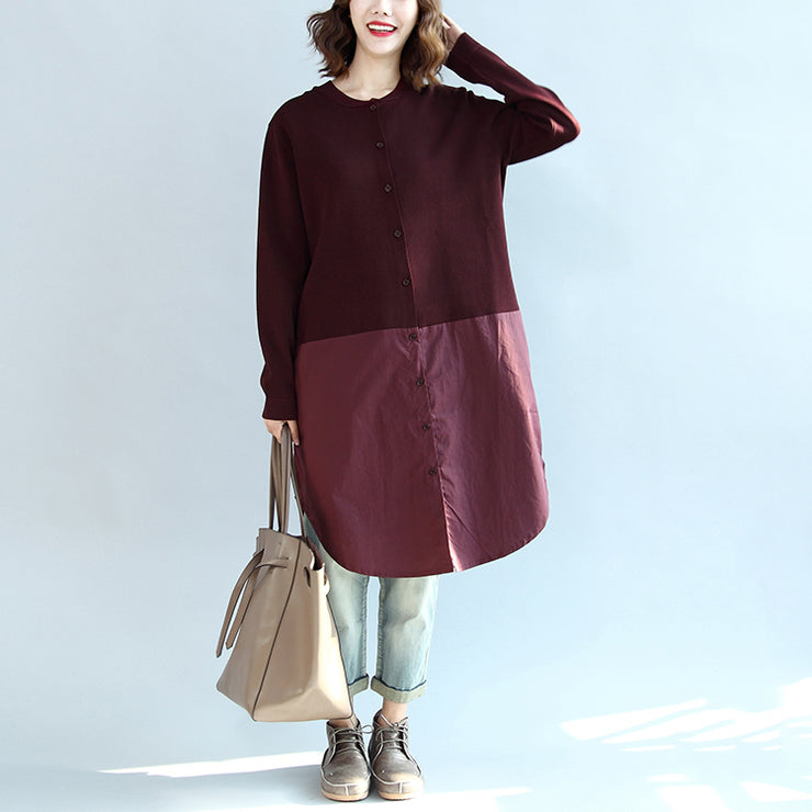 2024 fall burgundy patchwork hem cotton sweater dresses plus size casual knit shirts dress
