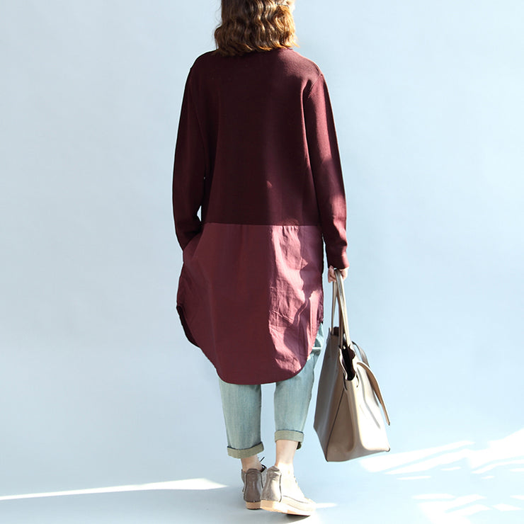 2024 fall burgundy patchwork hem cotton sweater dresses plus size casual knit shirts dress
