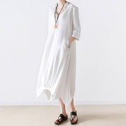 2021 fall cotton dresses V neck plus size white dresses beads details black cotton dresses