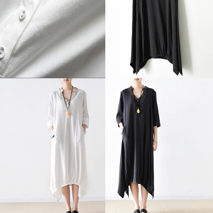 2021 fall cotton dresses V neck plus size white dresses beads details black cotton dresses