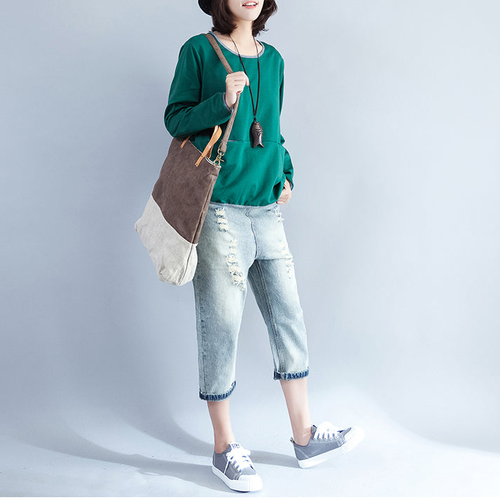 2021 fall green fashion cotton blouse loose  fit t shirt