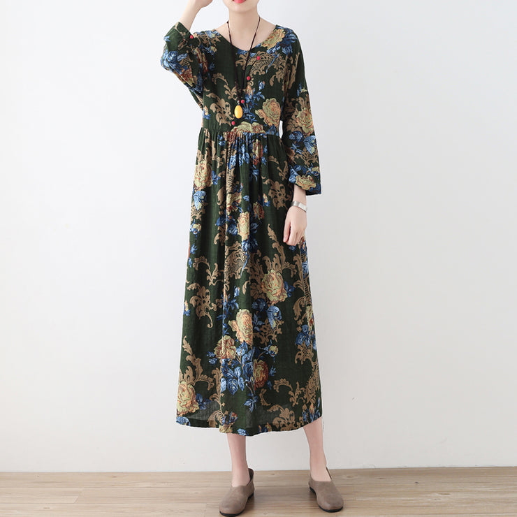 2021 fall green floral tunic linen dresses long cotton maxi dress gown