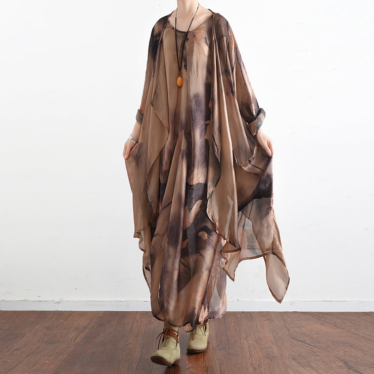 2024 fall khaki print silk dresses flowy baggy caftans two pieces