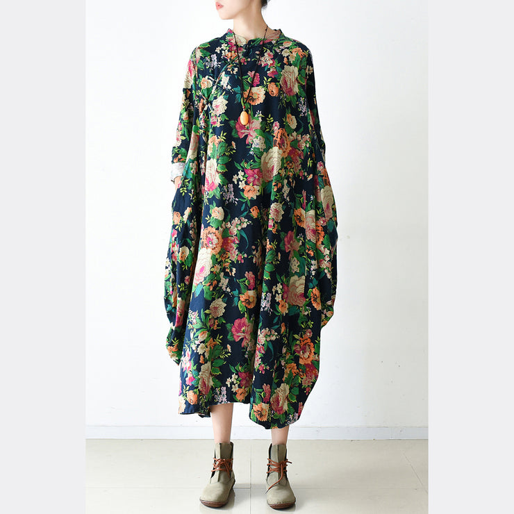 2021 Herbst Navy Baggy Floral Leinenkleider übergroße Kaftane langes Baumwollkleid