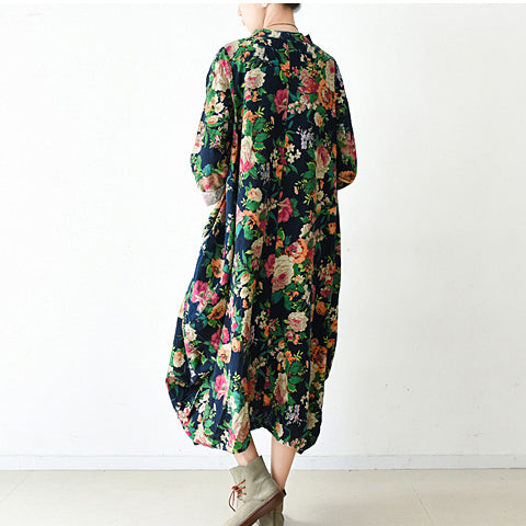 2021 Herbst Navy Baggy Floral Leinenkleider übergroße Kaftane langes Baumwollkleid