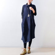 2021 fall navy linen dresses shoulder zipper design oversized caftans gown