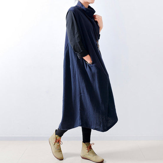 2021 fall navy linen dresses shoulder zipper design oversized caftans gown