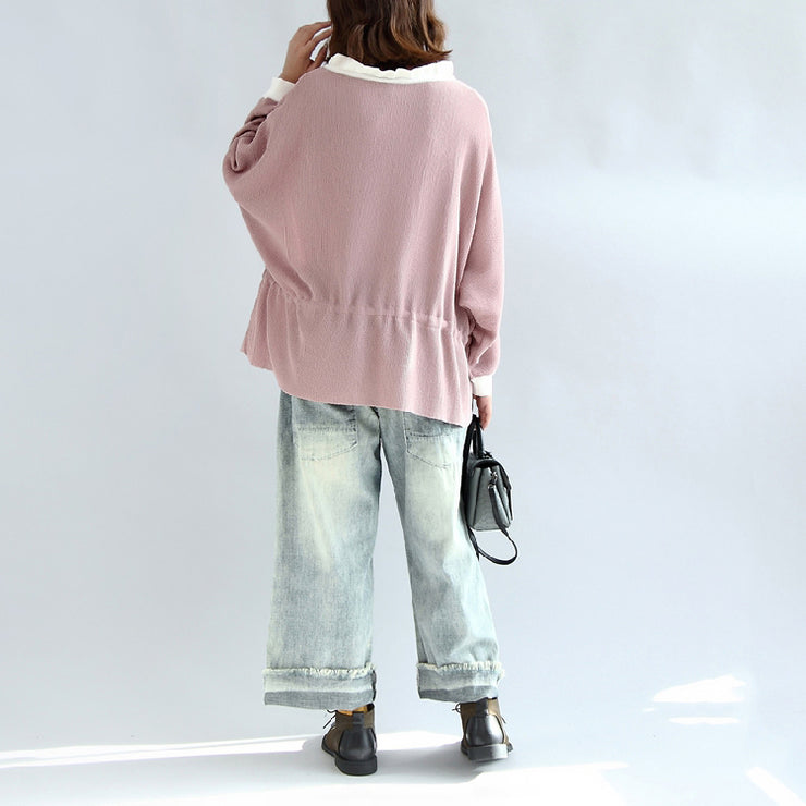 2021 fall pink casual knit tops plus size white neck ruffles fashion sweaters