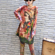 2021 fall prints casual women knit blouse oversize fashion o neck mid long sweater