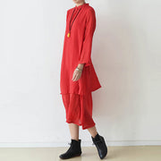 2021 Herbst rote Baumwollkleider geschichtetes langes Maxikleid Vintage Stehkragen-Design