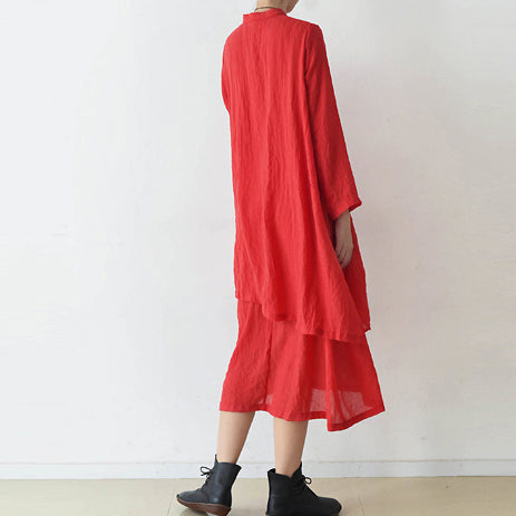 2021 fall red cotton dresses layered long maxi dress vintage high neck design