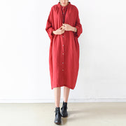 2024 fall red linen dresses plus size casual shirt dress oversize linen clothing