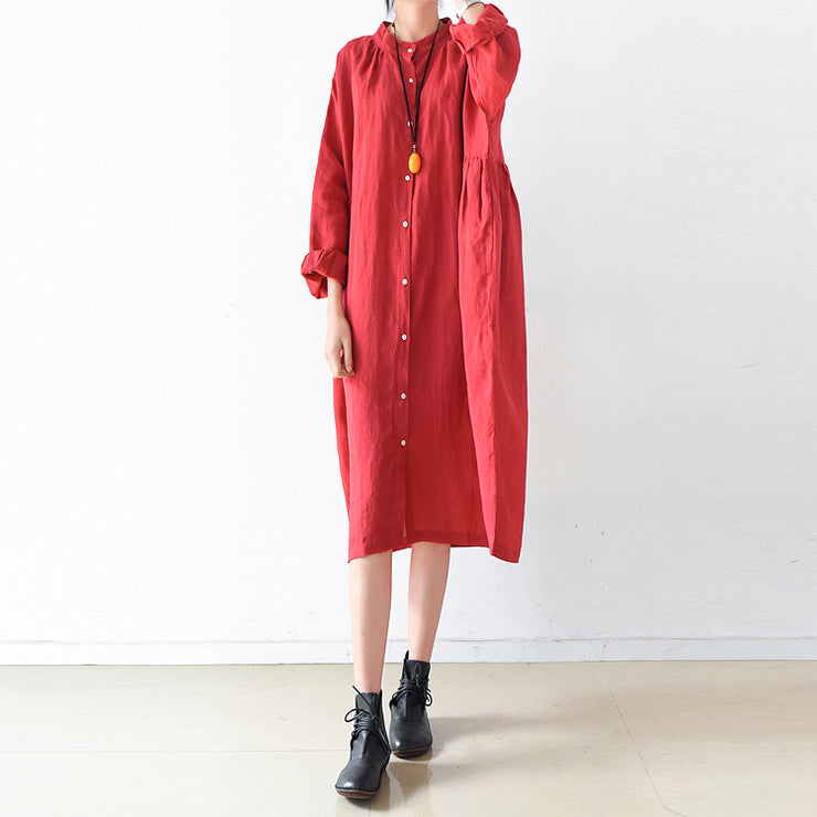 2024 fall red linen dresses plus size casual shirt dress oversize linen clothing