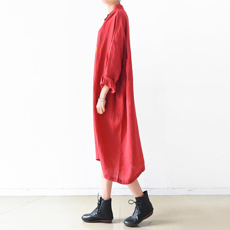 2021 fall red linen dresses plus size casual shirt dress oversize linen clothing
