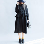 2024 fall vintage black cotton dresses baggy loose ruffles long sleeve casual dress