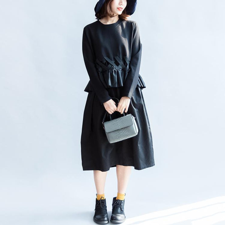 2021 fall vintage black cotton dresses baggy loose ruffles long sleeve casual dress