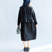 2021 fall vintage black cotton dresses baggy loose ruffles long sleeve casual dress