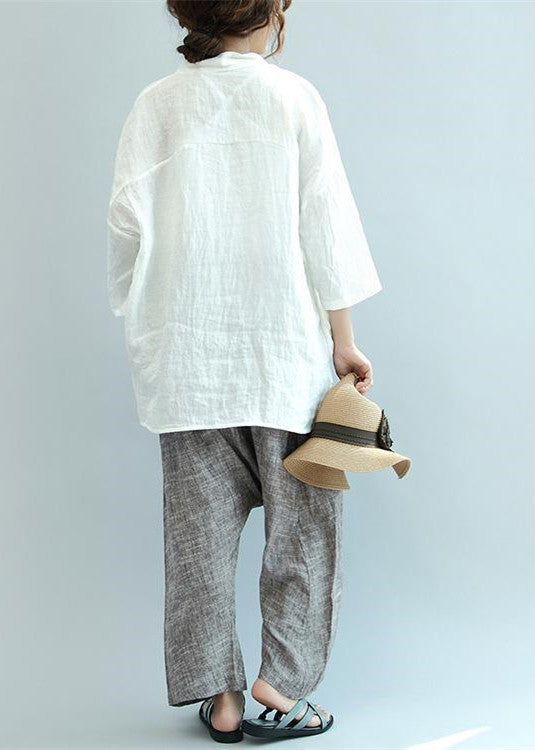2021 fall white unique linen tops plus size casual blouse