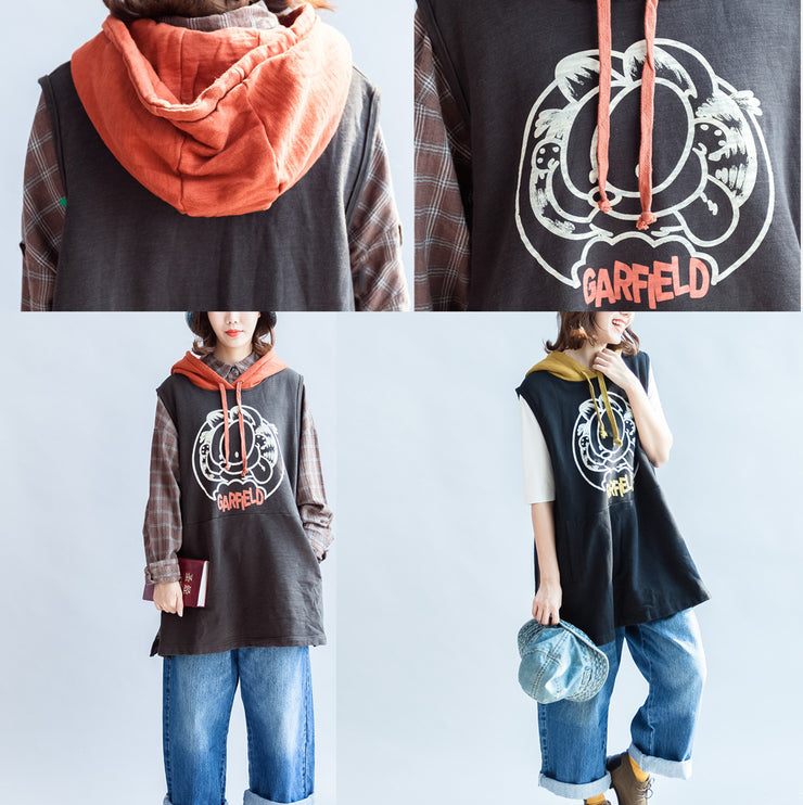 2024 fashion black cartoon print cotton sleeveless pullover oversize hooded thick Vests