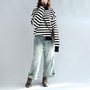 2021 fashion black white striped cotton knit tops plus size asymmetric design sweater