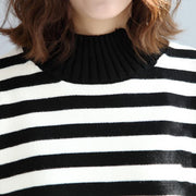 2024 fashion black white striped cotton knit tops plus size asymmetric design sweater