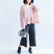 2021 fashion cotton knit tops ruffles oversize v neck sweaters