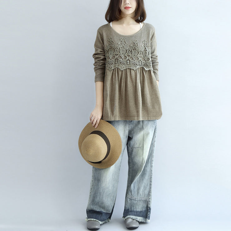 2024 fashion khaki floral knit pullover loose casual o neck sweater