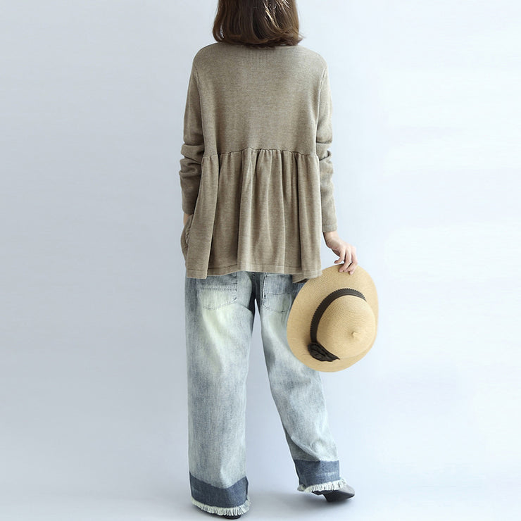 2021 Fashion Khaki Blumenstrickpullover lockerer lässiger Pullover mit O-Ausschnitt