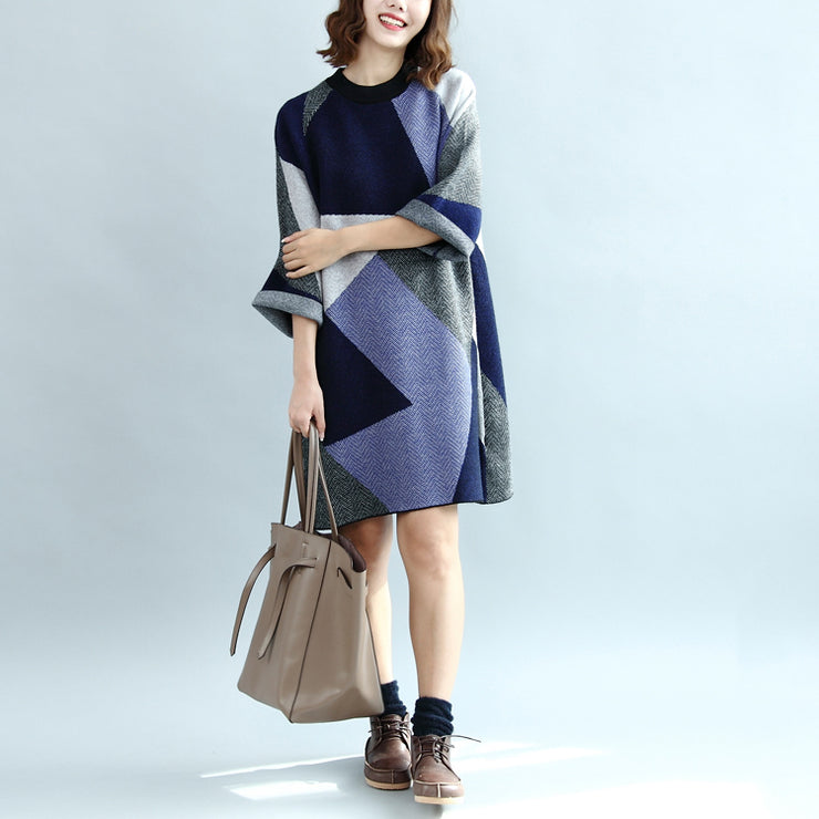 2024 geometric patchwork cotton knit dresses plus size casual bracelet sleeved sweater dress