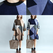 2021 geometrische Patchwork-Baumwollstrickkleider plus Größe lässiges Pulloverkleid mit Armbandärmeln