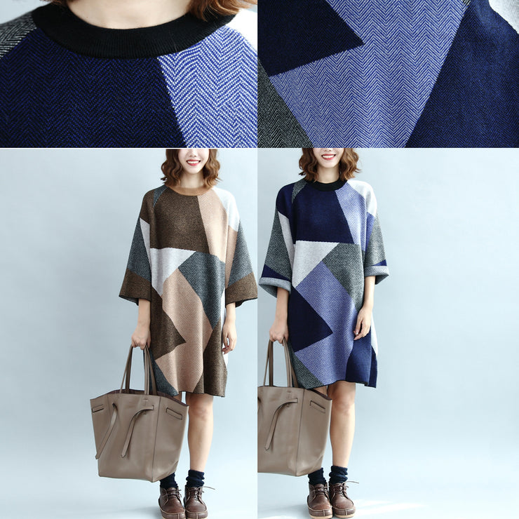 2021 geometric patchwork cotton knit dresses plus size casual bracelet sleeved sweater dress