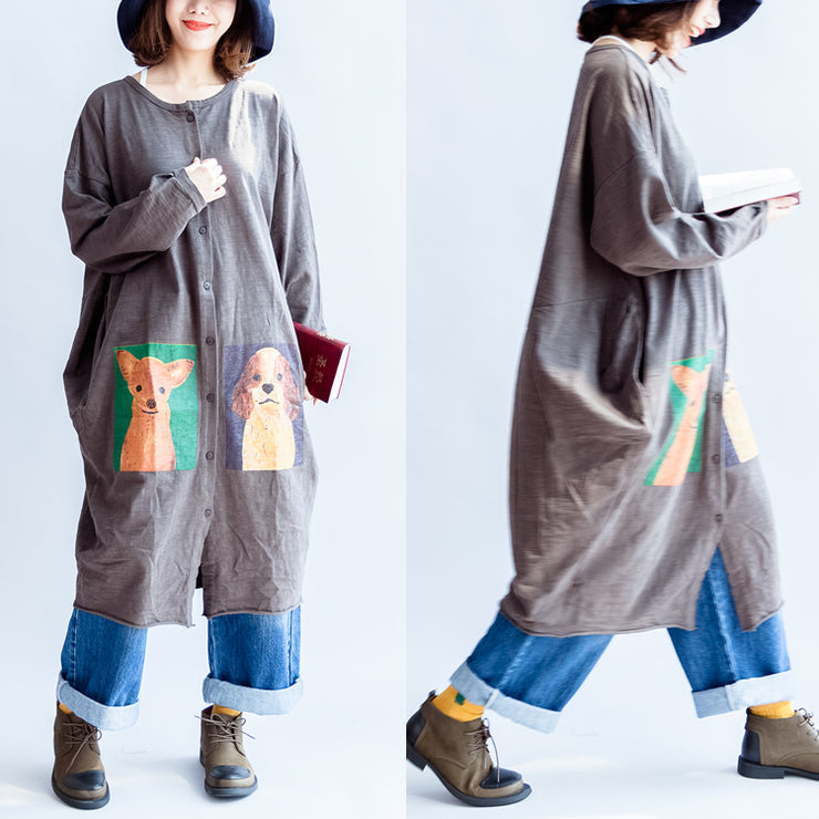 2021 graue Strickjacken aus Baumwolle mit Cartoon-Print plus lässige große Mäntel
