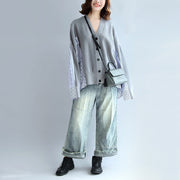 2021 gray striped cotton patchwork knit cardigan loose v neck sweater blouse