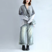 2024 gray striped cotton patchwork knit cardigan loose v neck sweater blouse