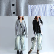 2024 gray striped cotton patchwork knit cardigan loose v neck sweater blouse