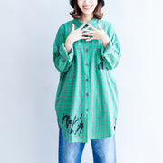 2021 green cartoon print cotton tops baggy loose grid casual long sleeve blouse