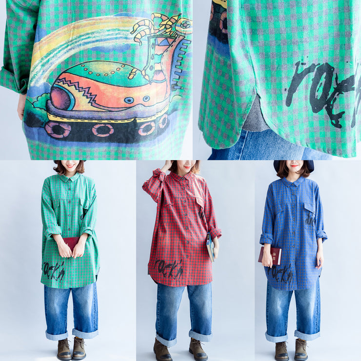 2024 green cartoon print cotton tops baggy loose grid casual long sleeve blouse